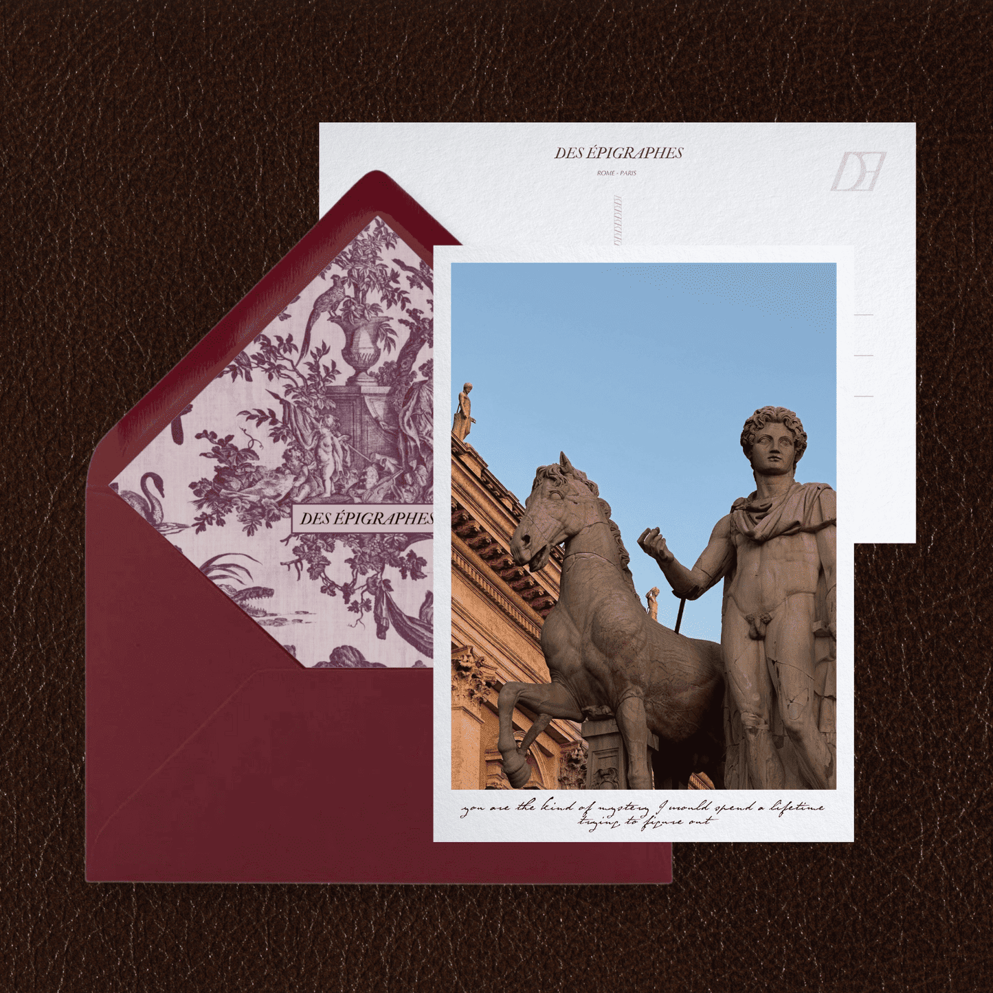 Des Épigraphes postcard from the Rome Collection, paired with its Toile de Jouy lined envelope.