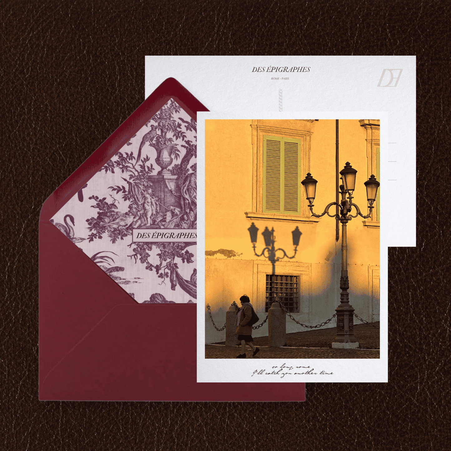 Des Épigraphes postcard from the Rome Collection, paired with its Toile de Jouy lined envelope.