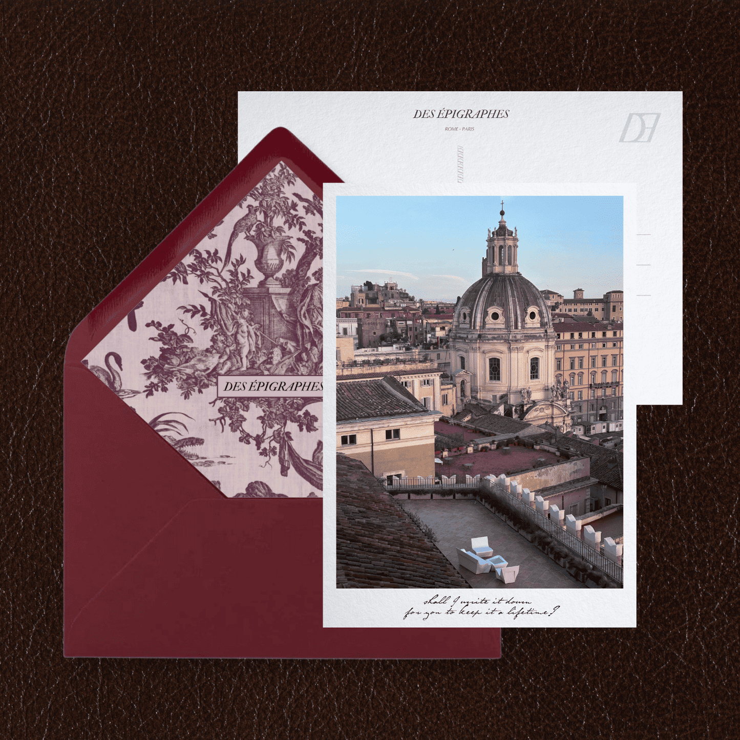 Des Épigraphes postcard from the Rome Collection, paired with its Toile de Jouy lined envelope.