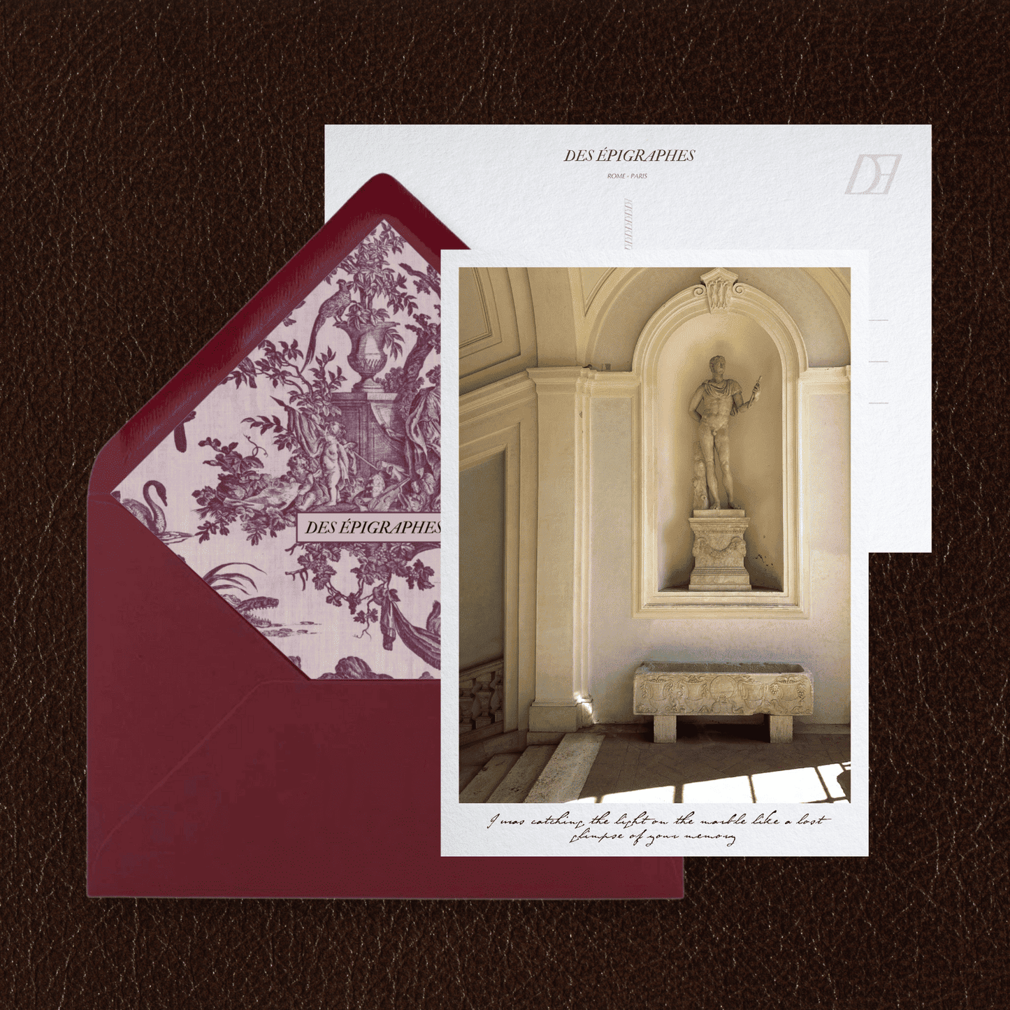 Des Épigraphes postcard from the Rome Collection, paired with its Toile de Jouy lined envelope