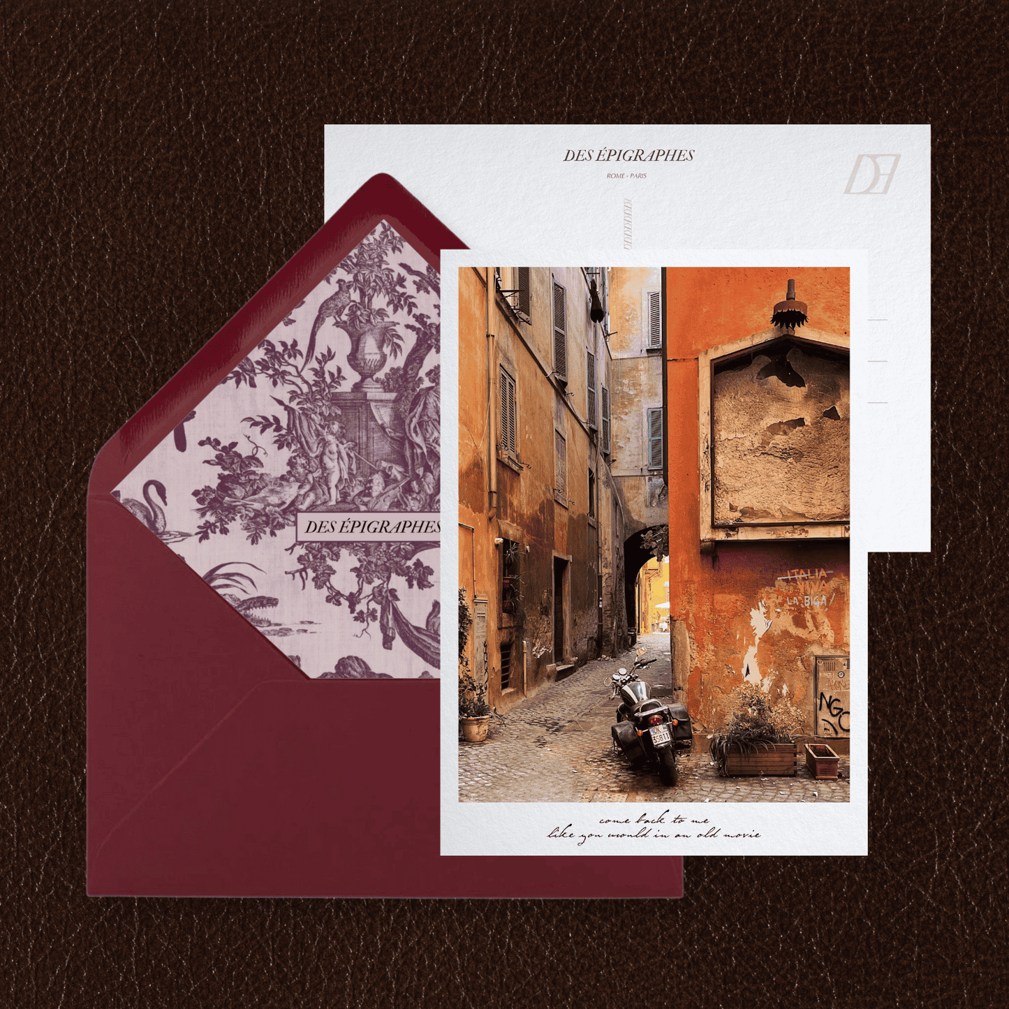Des Épigraphes postcard from the Rome Collection, paired with its Toile de Jouy lined envelope.