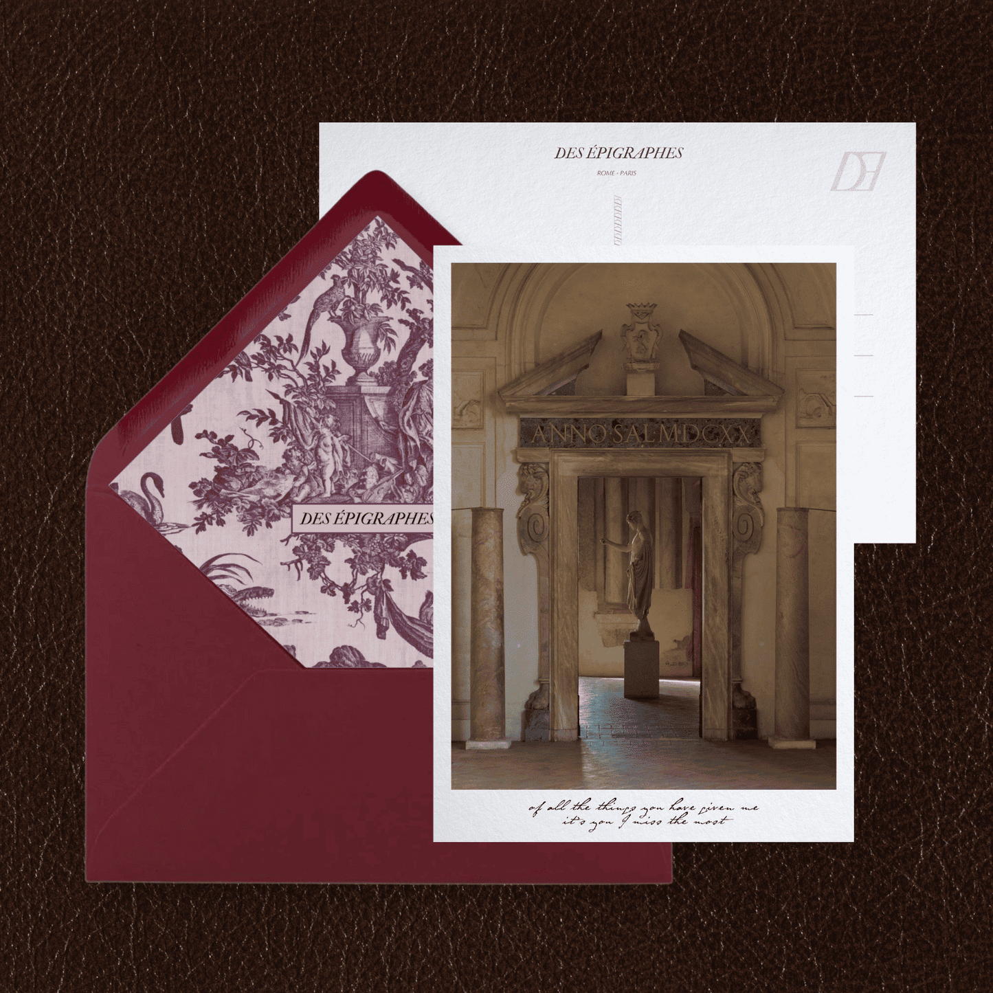 Des Épigraphes postcard from the Rome Collection, paired with its Toile de Jouy lined envelope.