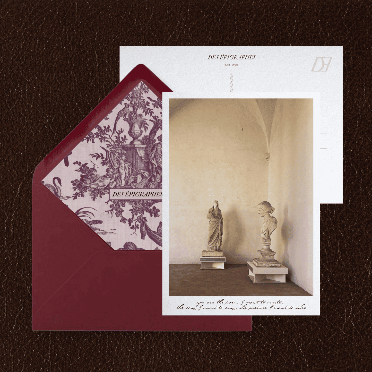Des Épigraphes postcard from the Rome Collection, paired with its Toile de Jouy lined envelope.