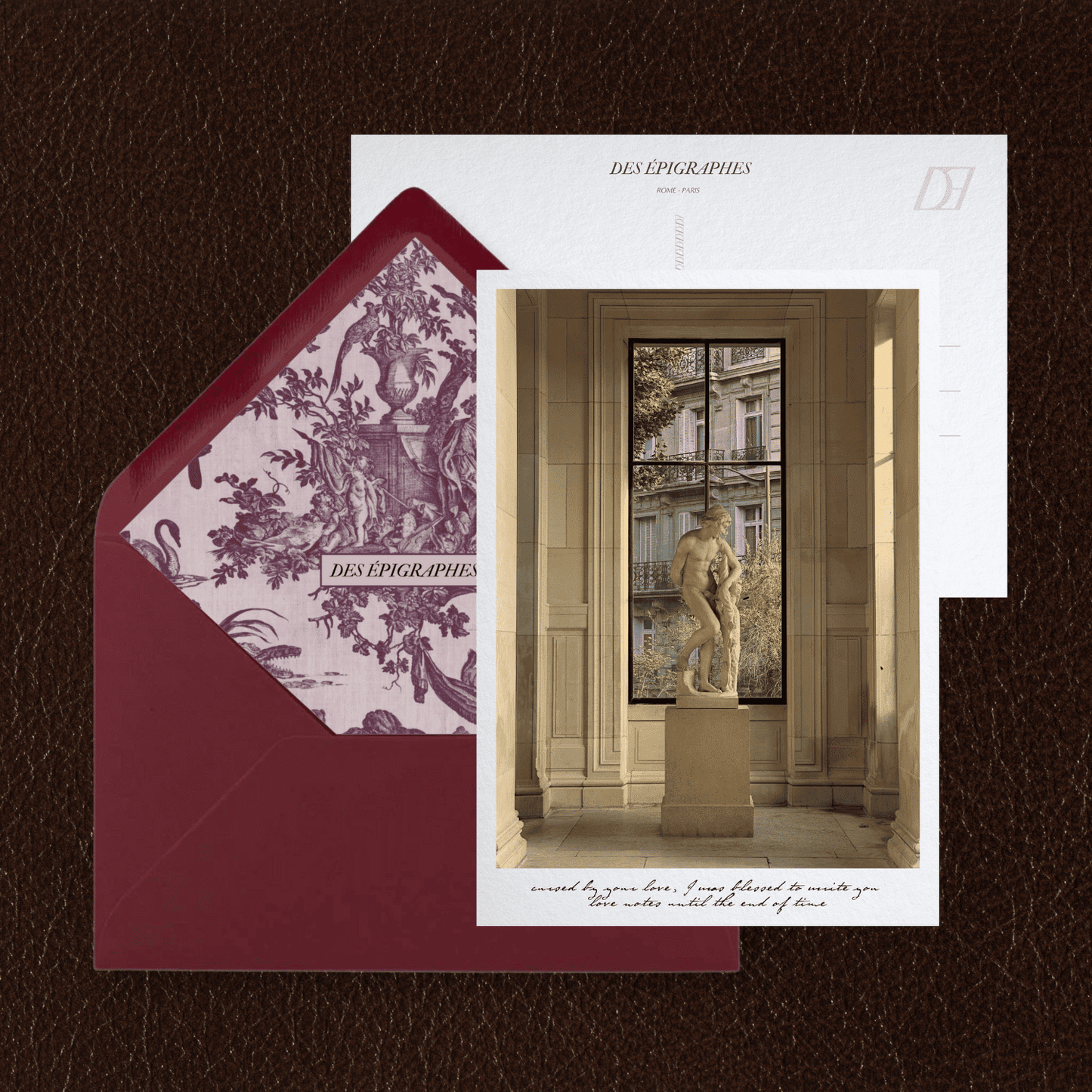 Des Épigraphes postcard from the Paris Collection, paired with its Toile de Jouy lined envelope.