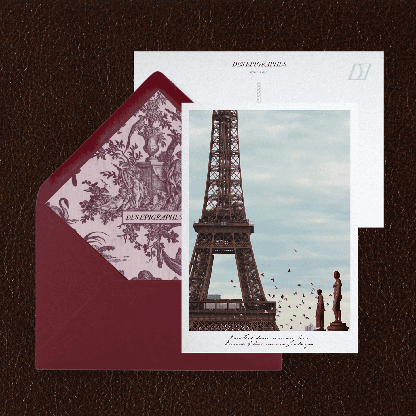 Des Épigraphes postcard from the Paris Collection, paired with its Toile de Jouy lined envelope.