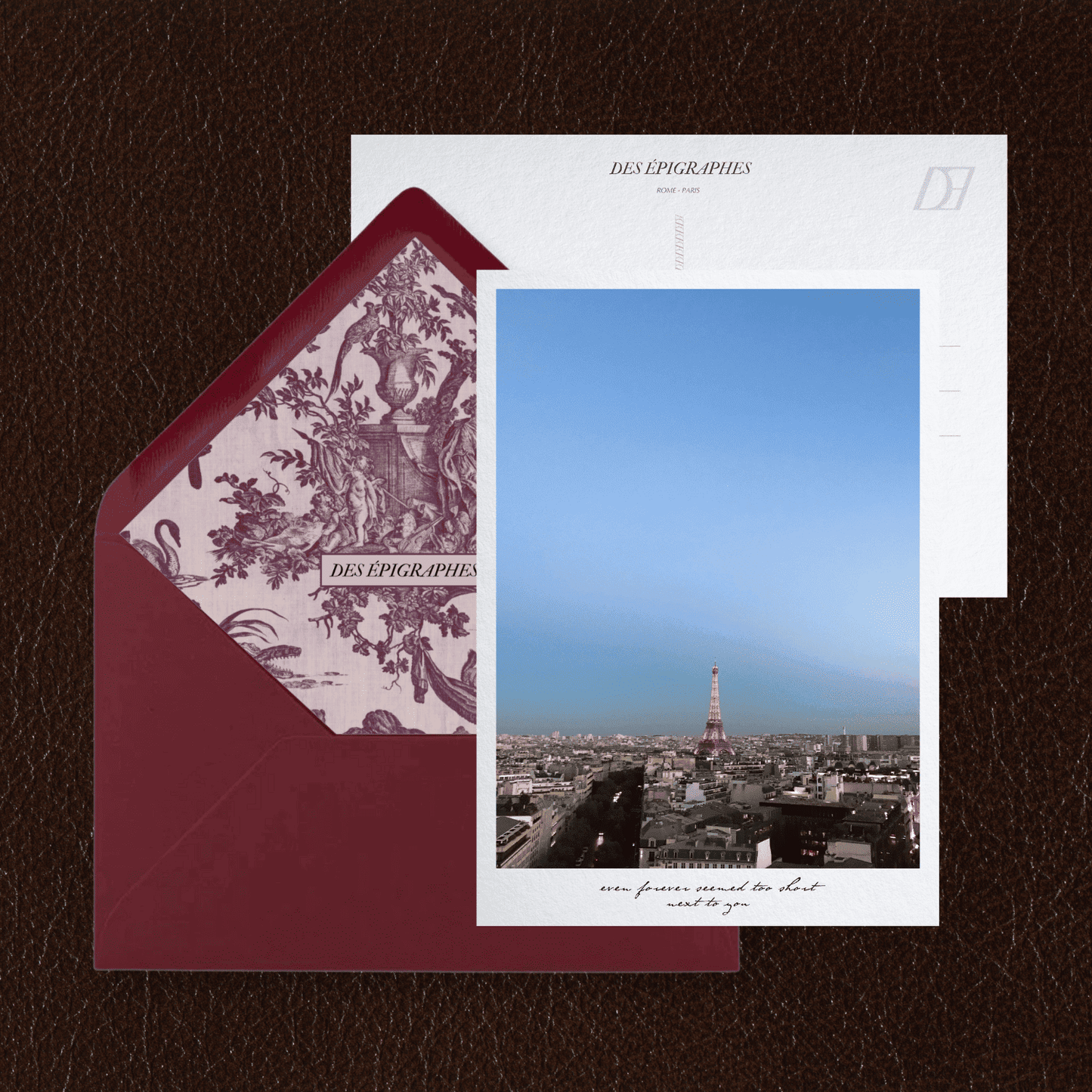 Des Épigraphes postcard from the Paris Collection, paired with its Toile de Jouy lined envelope.