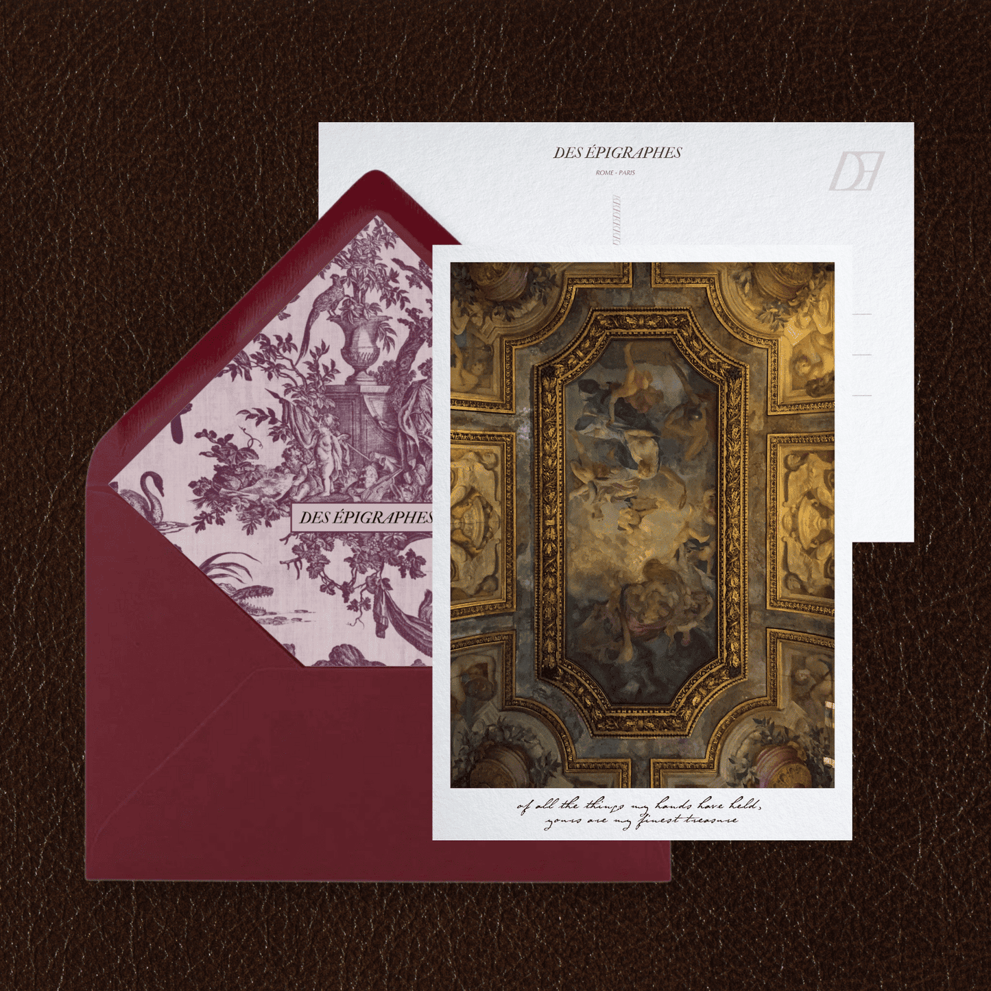 Des Épigraphes postcard from the Paris Collection, paired with its Toile de Jouy lined envelope.