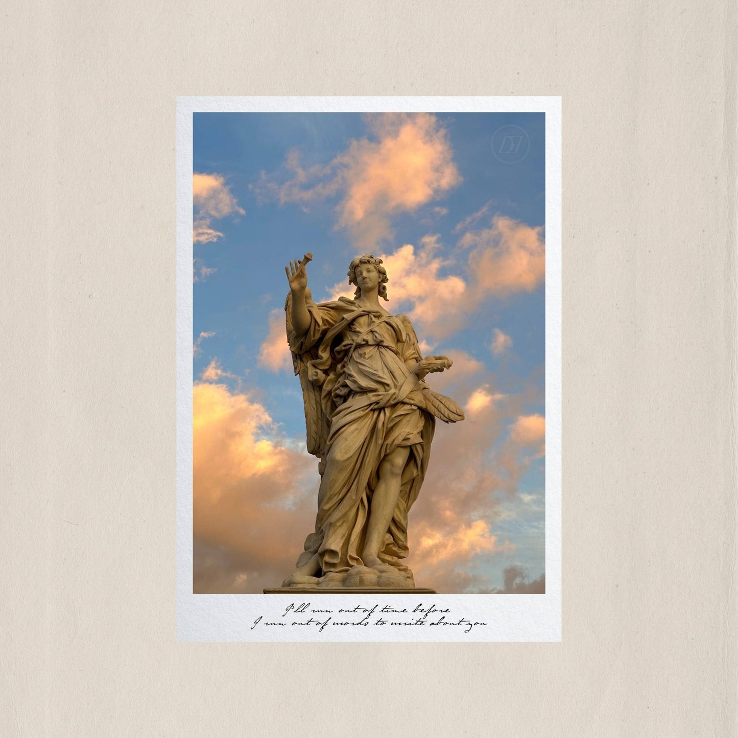 Angel with the Column watching over the Tiber from Ponte Sant'Angelo at golden hour – Des Épigraphes. Captured by Tolga Avan.
