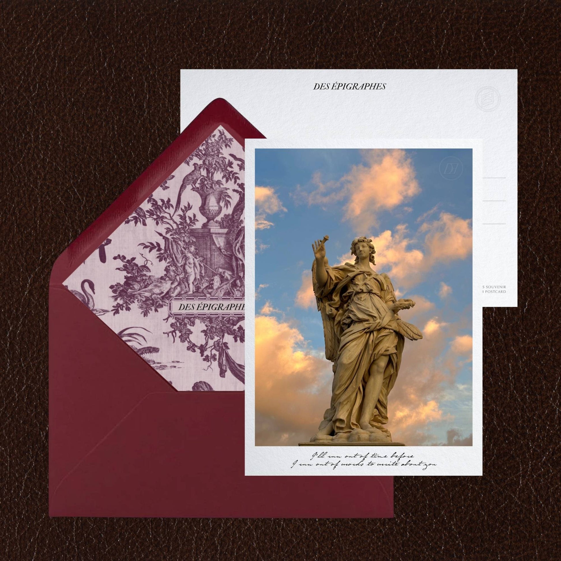 Des Épigraphes postcard from the Rome Collection, paired with its Toile de Jouy lined envelope.