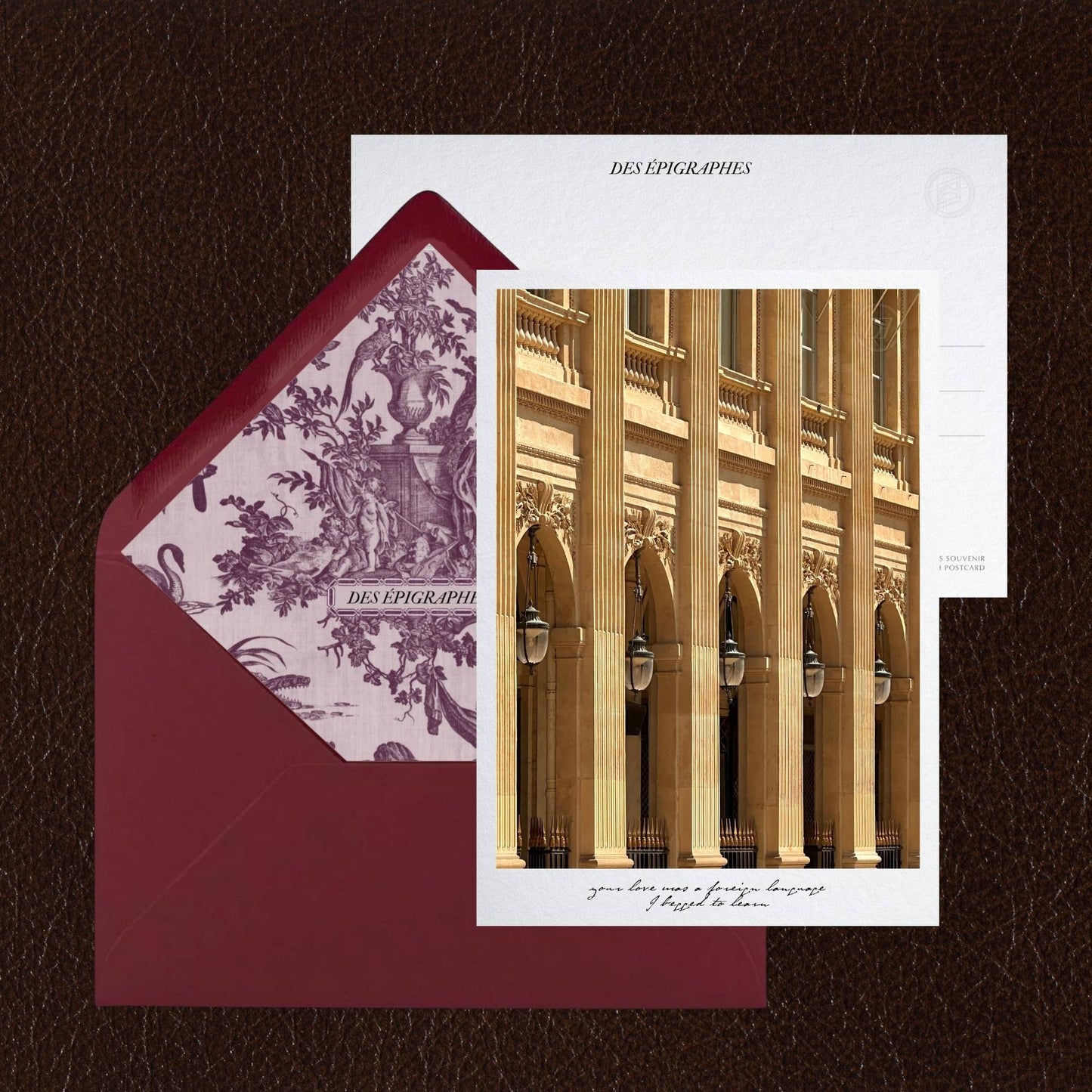 Des Épigraphes postcard from the Paris Collection, paired with its Toile de Jouy lined envelope.