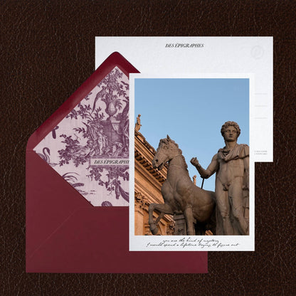 Des Épigraphes postcard from the Rome Collection, paired with its Toile de Jouy lined envelope.