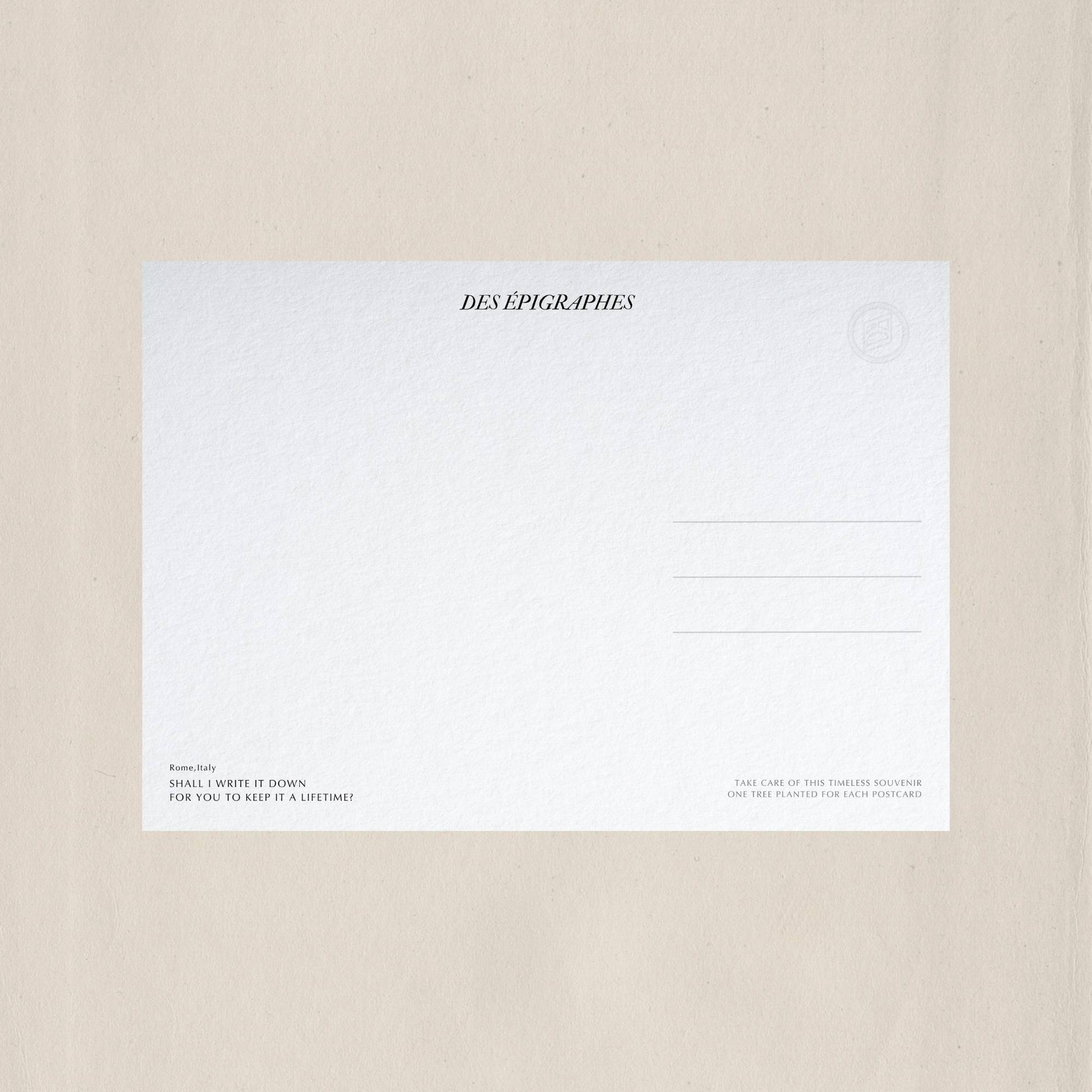 Elegant postcard back design by Des Épigraphes, featuring a poetic inscription and refined layout.