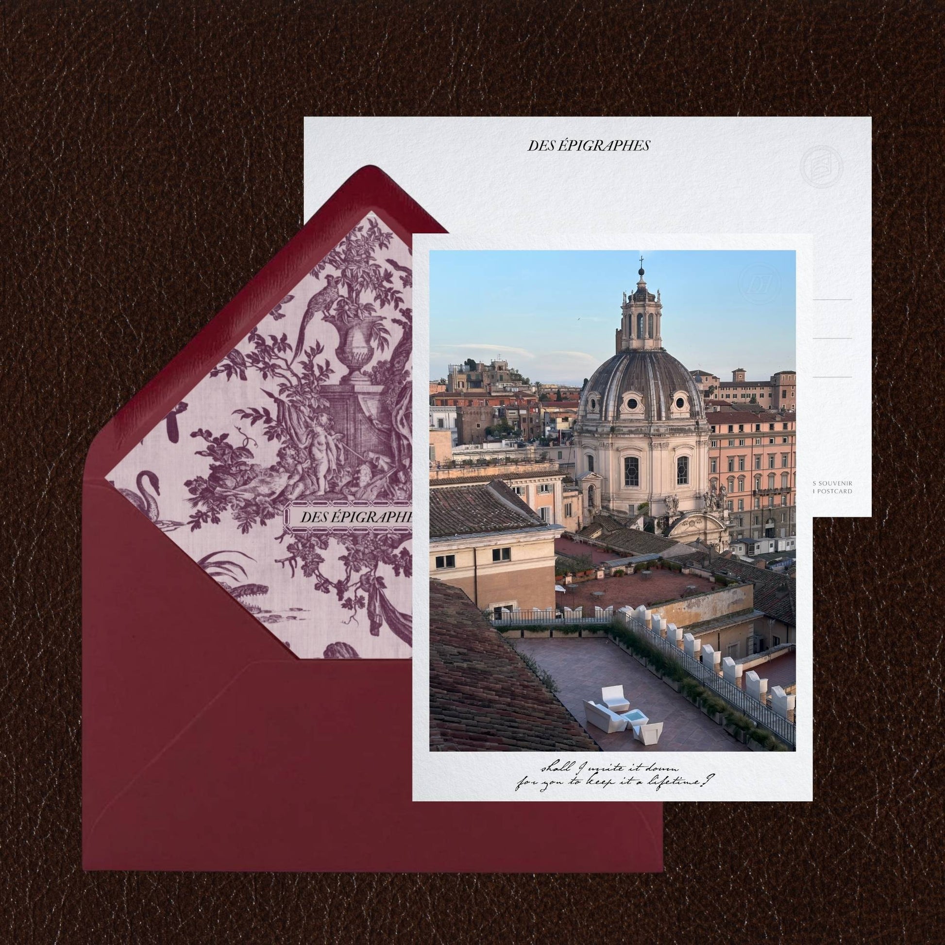 Des Épigraphes postcard from the Rome Collection, paired with its Toile de Jouy lined envelope.