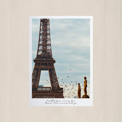 The iron silhouette of the Eiffel Tower rising above the golden statues of Trocadéro, as birds scatter across a Parisian sky – Des Épigraphes. Captured by Tolga Avan.