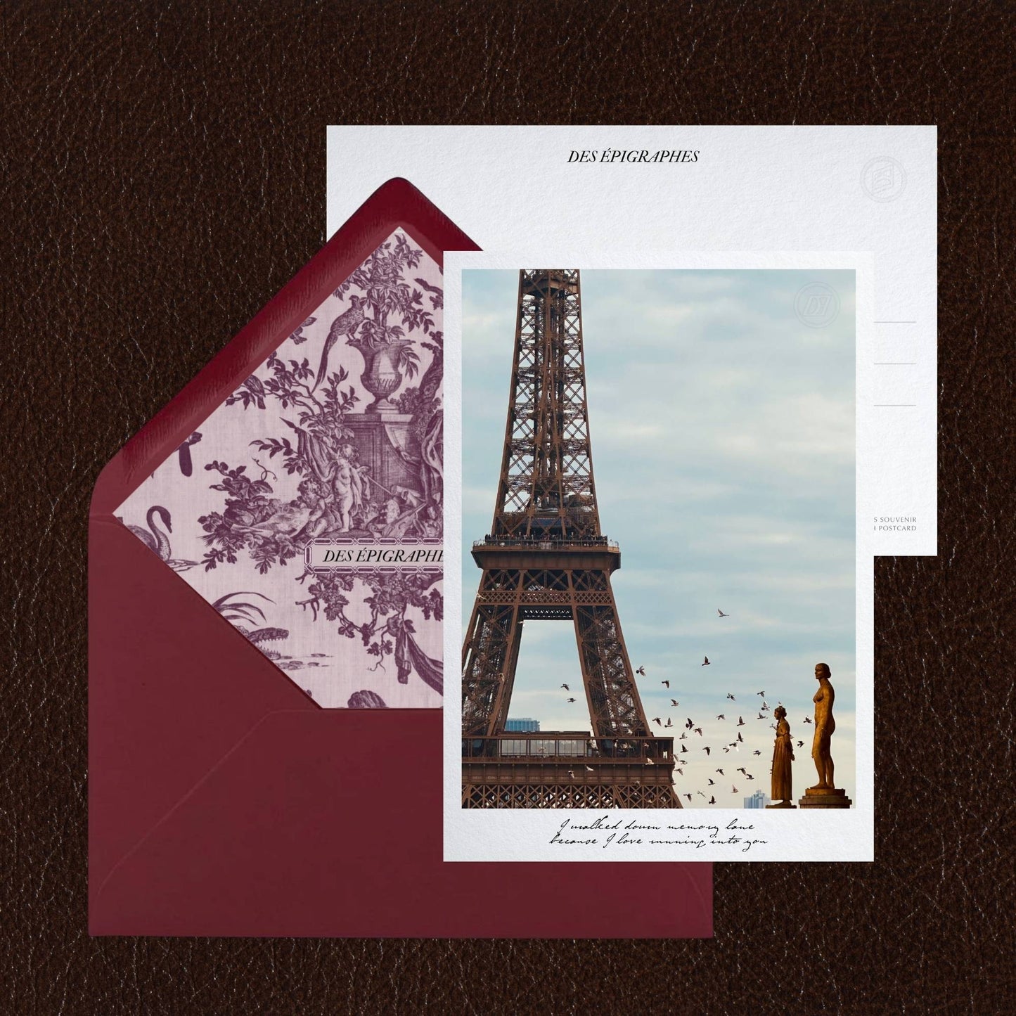 Des Épigraphes postcard from the Paris Collection, paired with its Toile de Jouy lined envelope.