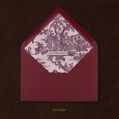Crimson red Des Épigraphes envelope lined with historic Toile de Jouy fabric, a tribute to timeless craftsmanship.