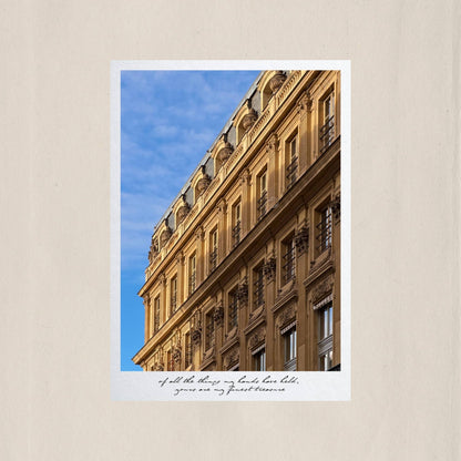 The ornate Haussmannian facade of a Parisian building catching the last light of the afternoon sun – Des Épigraphes. Captured by Tolga Avan.