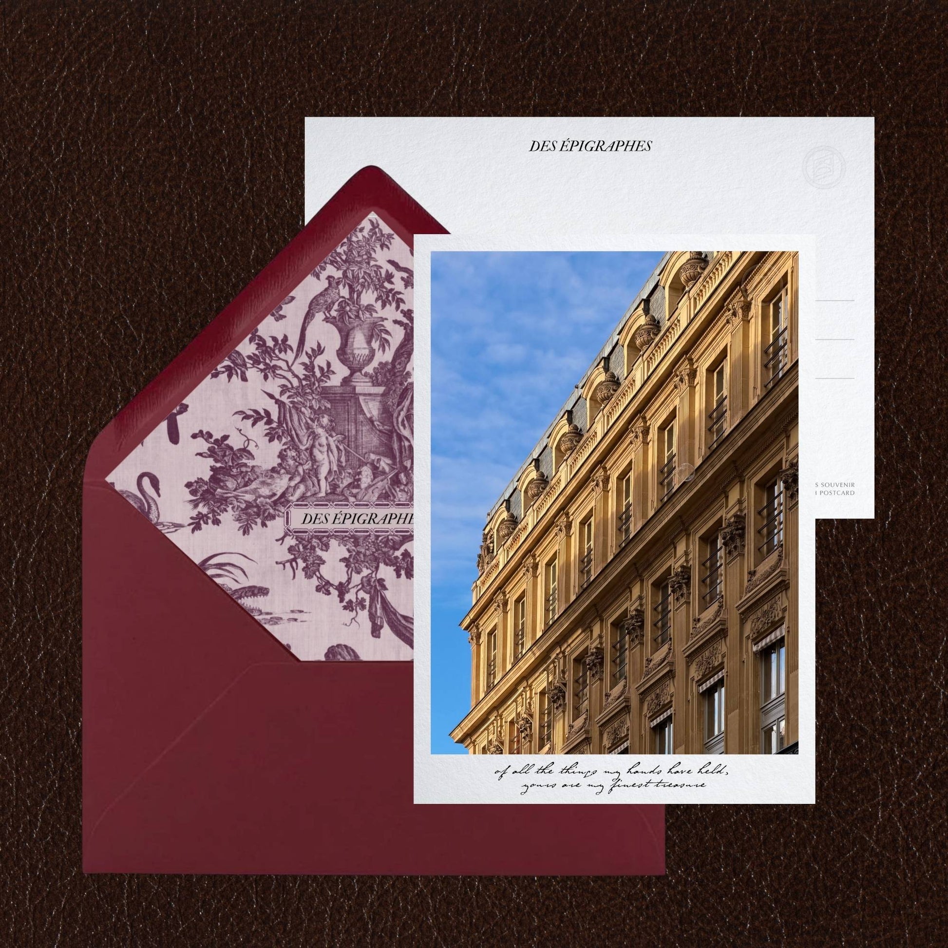 Des Épigraphes postcard from the Paris Collection, paired with its Toile de Jouy lined envelope.