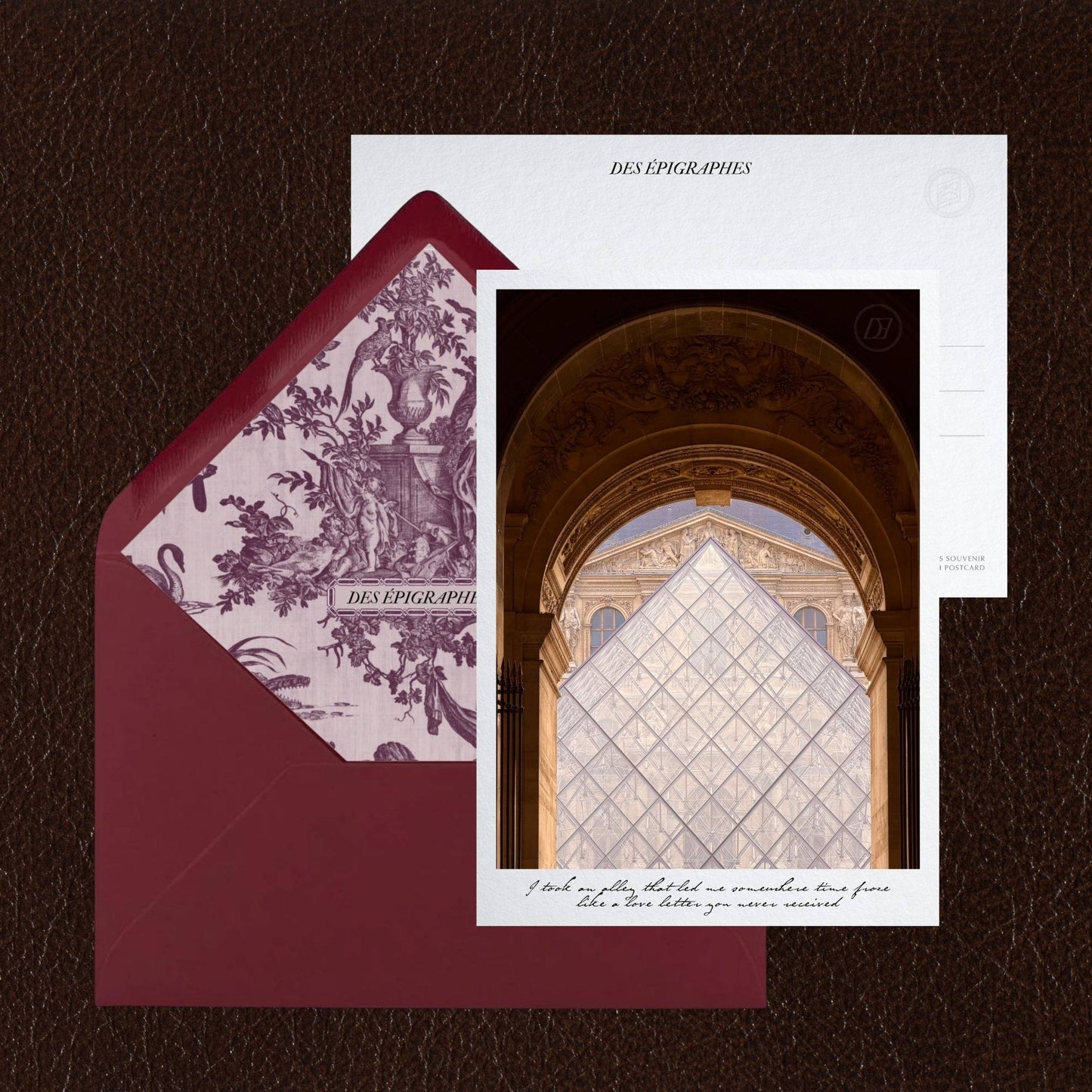 Des Épigraphes postcard from the Paris Collection, paired with its Toile de Jouy lined envelope.
