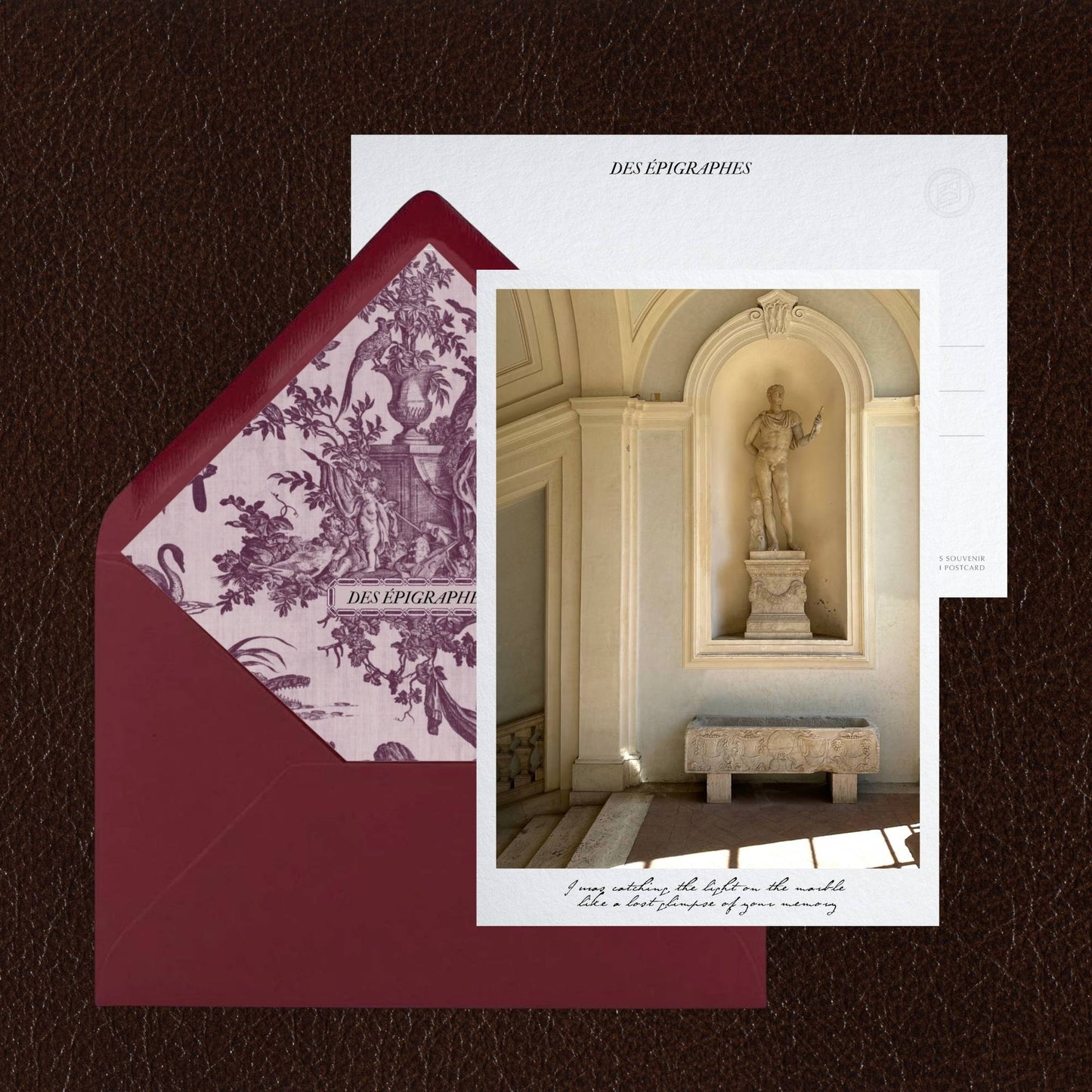 Des Épigraphes postcard from the Rome Collection, paired with its Toile de Jouy lined envelope.