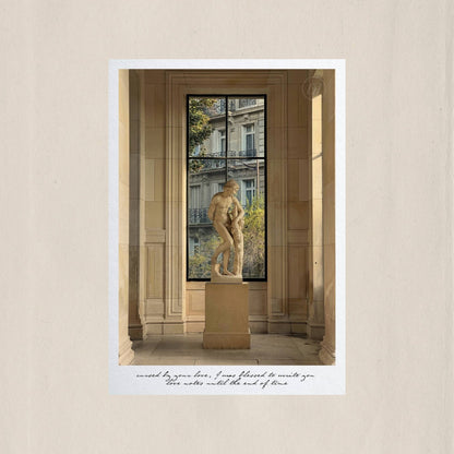 A marble figure caught in golden light beneath the arched galleries of Palais Galliera, Paris – Des Épigraphes. Captured by Tolga Avan.