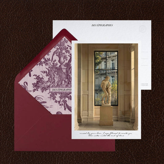 Des Épigraphes postcard from the Paris Collection, paired with its Toile de Jouy lined envelope.