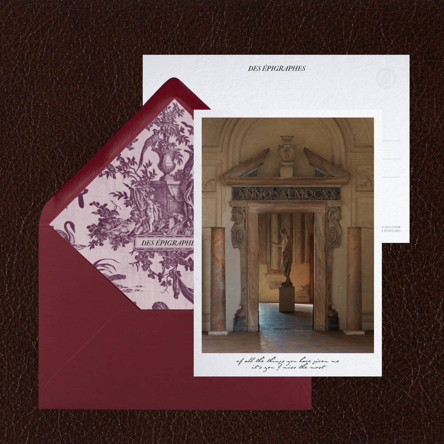 Des Épigraphes postcard from the Rome Collection, paired with its Toile de Jouy lined envelope.