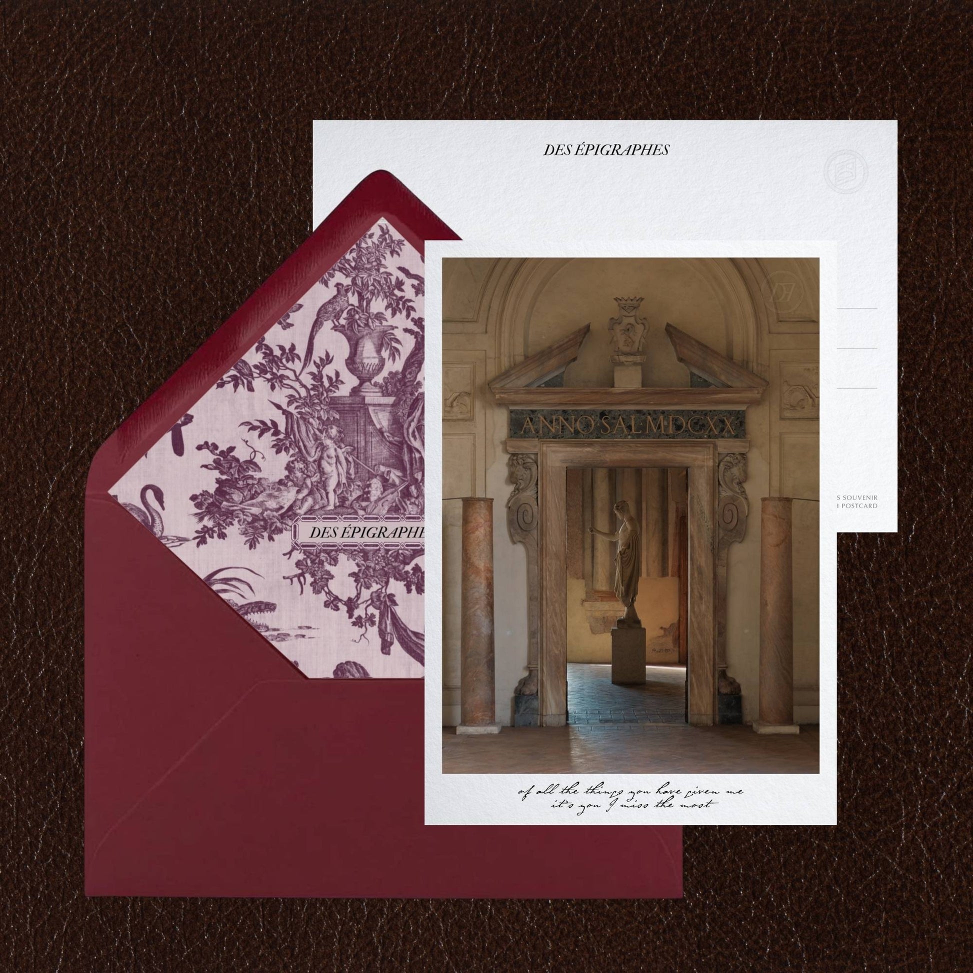 Des Épigraphes postcard from the Rome Collection, paired with its Toile de Jouy lined envelope.