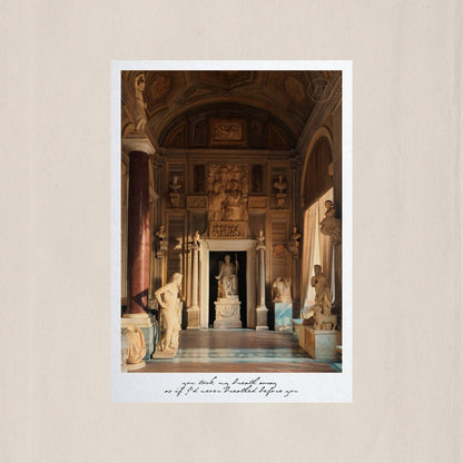 Sunlit view of the majestic porch of Galleria Borghese, Rome – Des Épigraphes. Photograph by Tolga Avan.