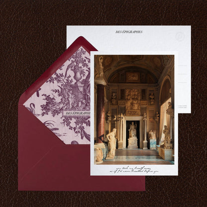 Des Épigraphes postcard from the Rome Collection, paired with its Toile de Jouy lined envelope.
