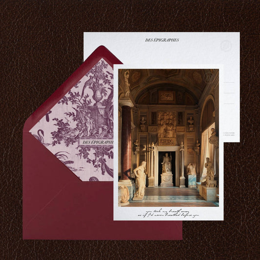Des Épigraphes postcard from the Rome Collection, paired with its Toile de Jouy lined envelope.