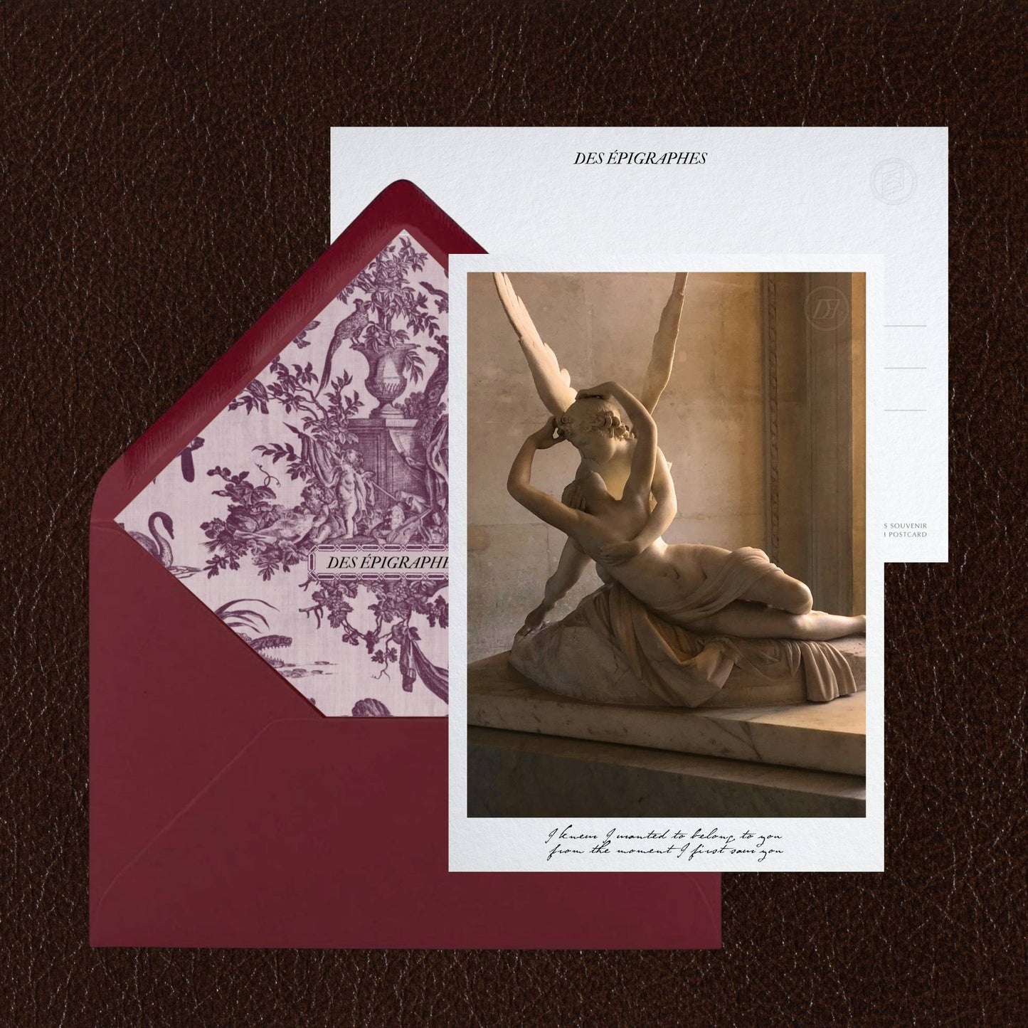 Des Épigraphes postcard from the Paris Collection, paired with its Toile de Jouy lined envelope.
