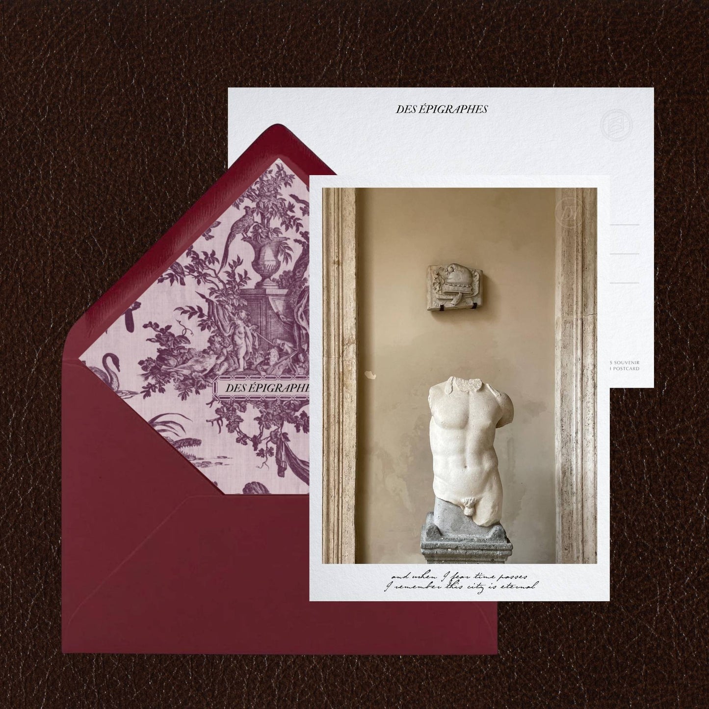 Des Épigraphes postcard from the Rome Collection, paired with its Toile de Jouy lined envelope.
