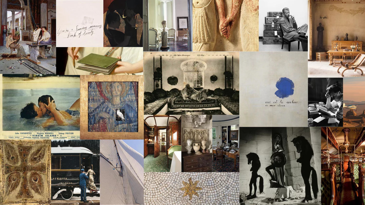A poetic collage evoking the soul of Des Épigraphes: timeless interiors, travelers, artworks, and handwritten letters, reflecting a house of curated memory.