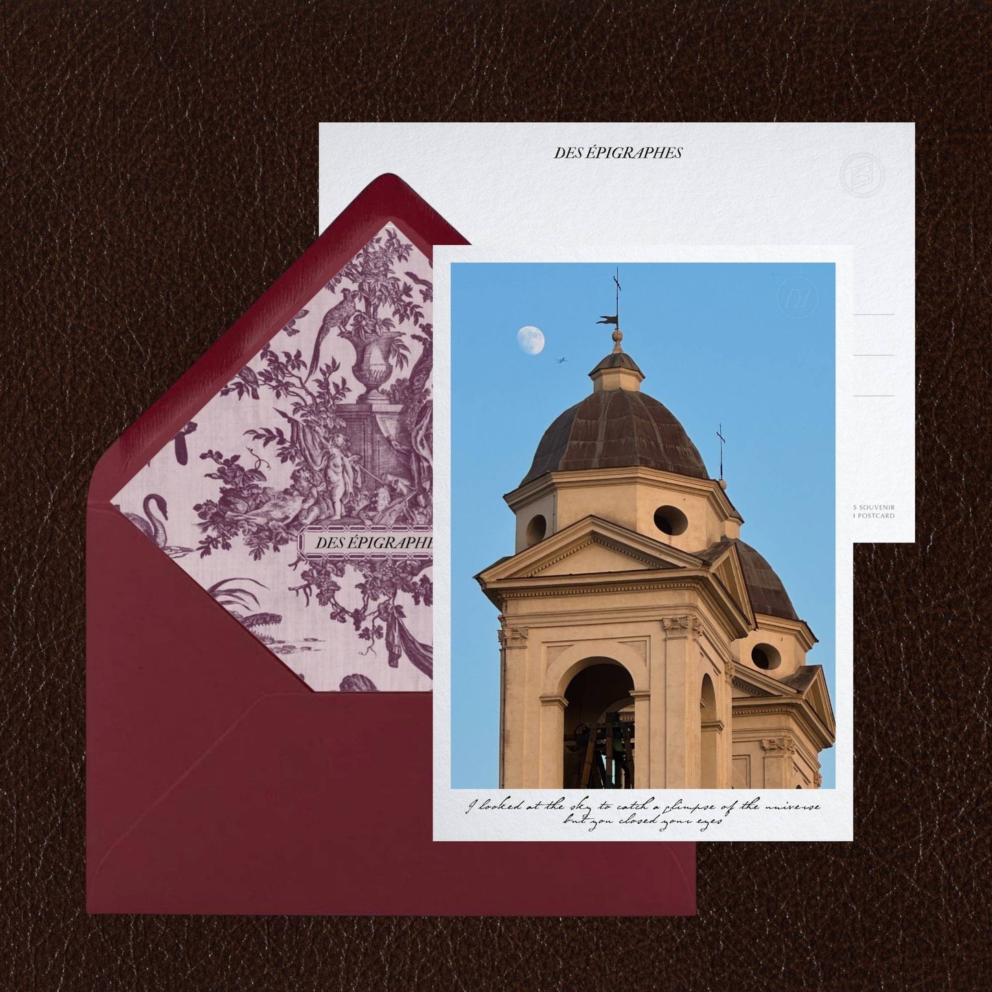 Des Épigraphes postcard from the Rome Collection, paired with its Toile de Jouy lined envelope.