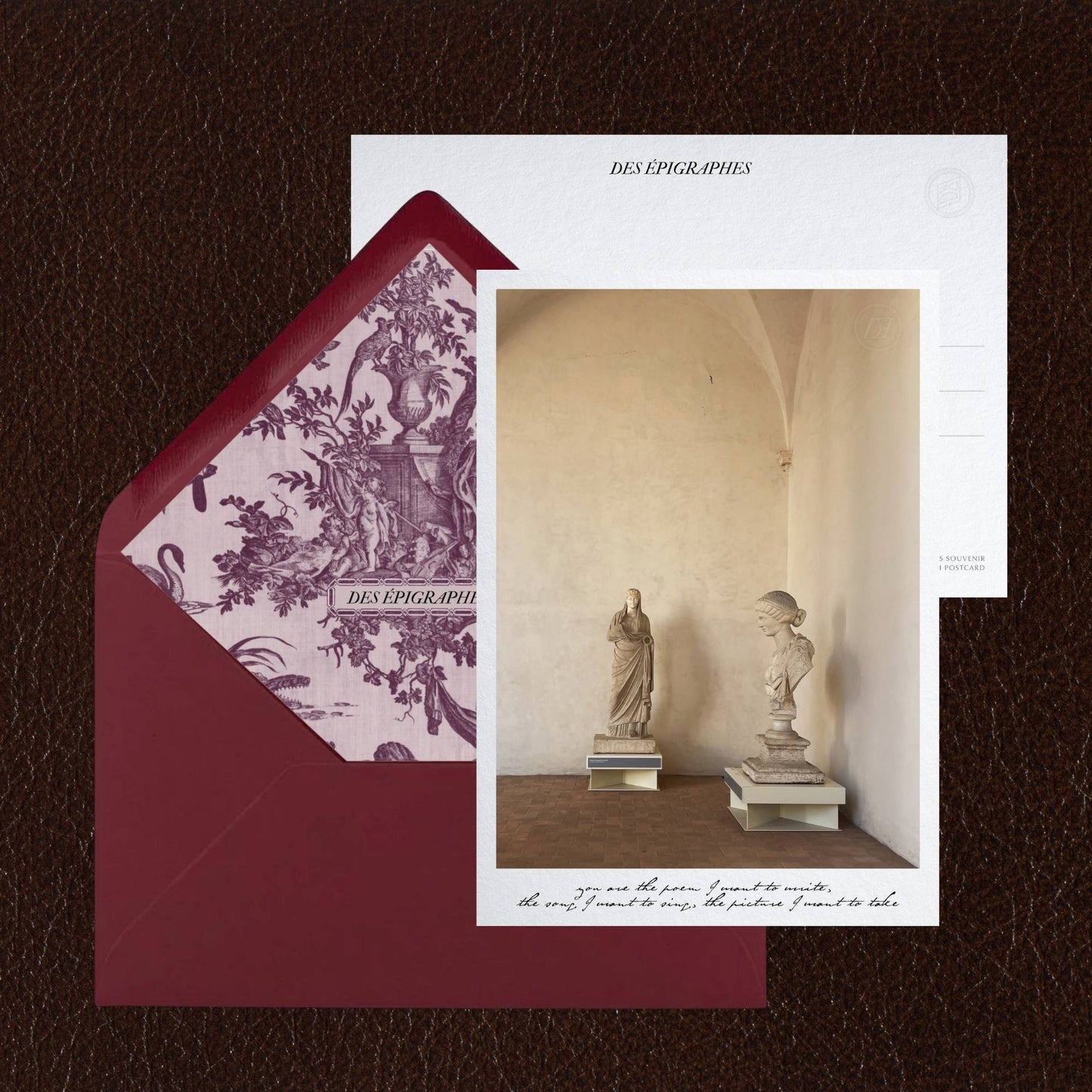 Des Épigraphes postcard from the Rome Collection, paired with its Toile de Jouy lined envelope.