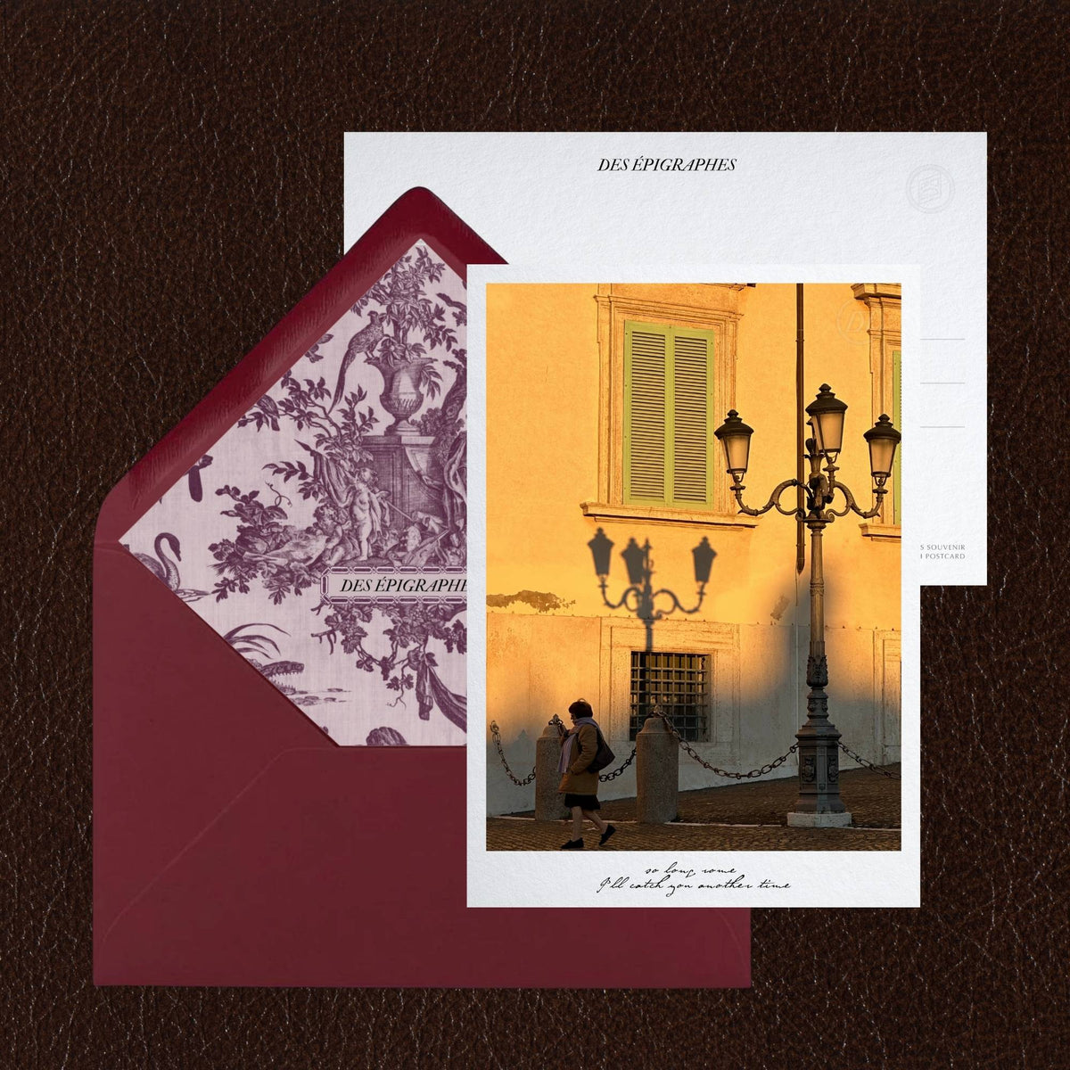 Des Épigraphes postcard from the Rome Collection, paired with its Toile de Jouy lined envelope.